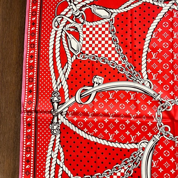 100% silk Vibrant Red Scarf with White and Black Accents - Picture 8 of 13